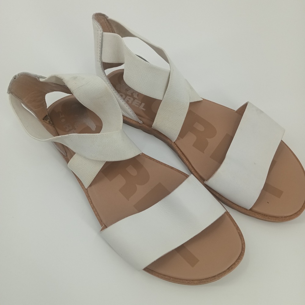 Sorel Ella II Sandal Sea Salt White Leather Elastic Straps NL4044-125 Womens 6.5